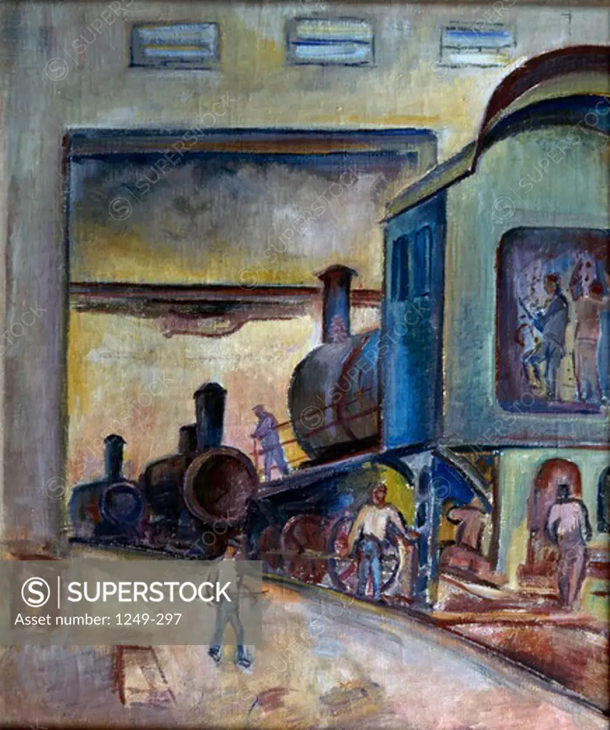 Russia, Kostroma, Kostroma Artistic Museum, Locomotive Depot by Pavel Varfolomeevic Kuznecov, oil painting, 1934, (1878-1968)