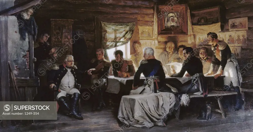 Council of War in Phili Village, 1812 1882  A.D. Kivshenko (1851-1895 Russian) Oil on canvas 
