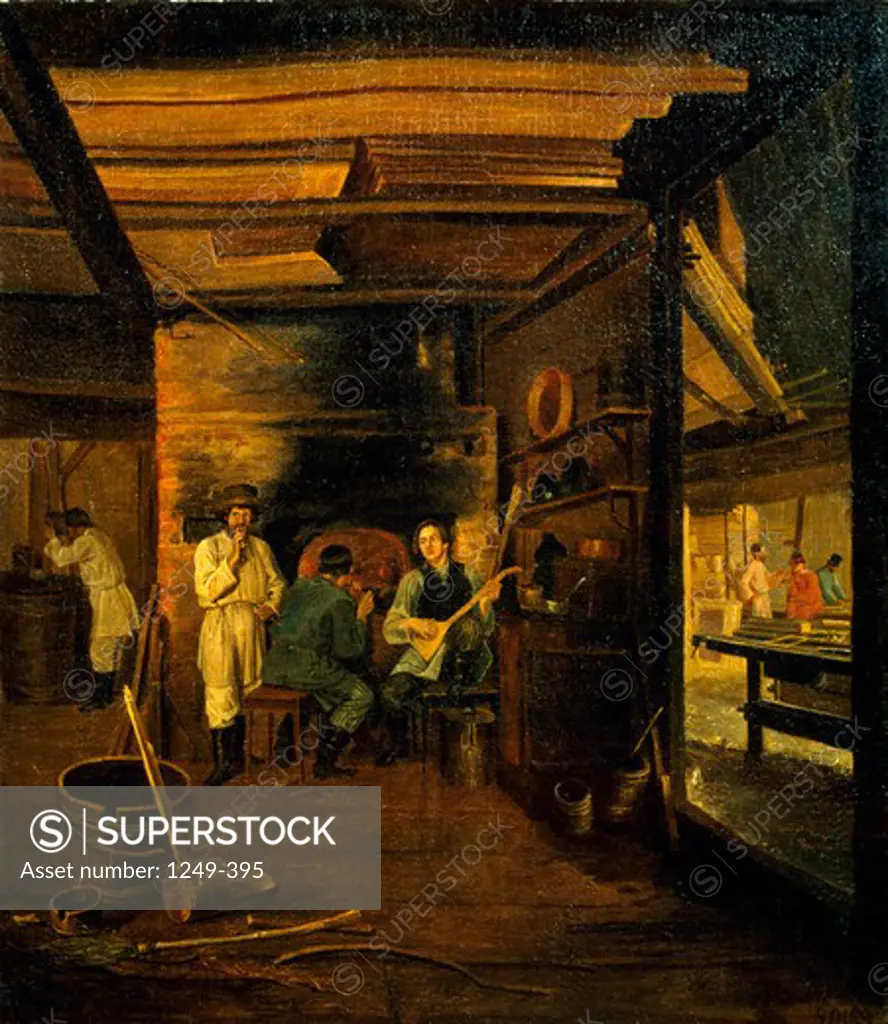 Russia, Tver Regional Art Gallery, Joiner's Shop by Lavr Kuzmich Plakhov, oil on canvas, circa 1833, (1810-1881)
