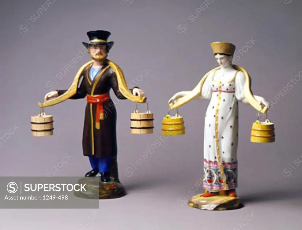 Peasant Statuettes (Water Carriers), Gardner Factory, Verbilki, Antique Decorative Arts, Russia, Moscow, State Historical Museum