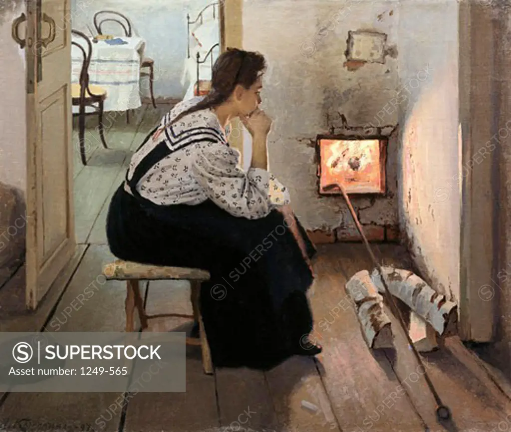 Thought By The Stove 1897 J.J. Kalinichenko (19th C.- Russian) Oil On Canvas Ryazan Artistic Museum, Russia