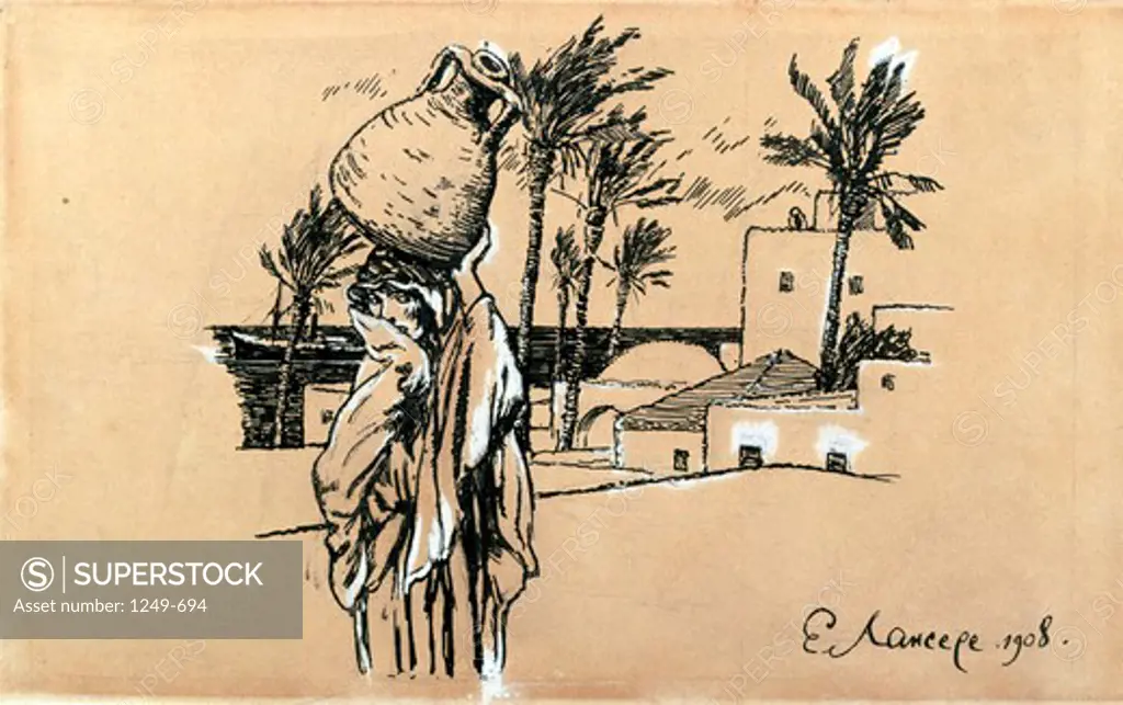 Russia, Vologda regional picture gallery, Akulina in Tripoli by Yevgeny Evgenevic Lansere, ink on paper, 1908, (1875-1945)