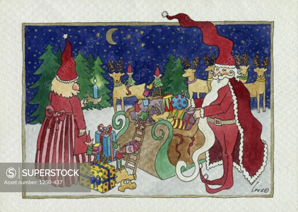 Santa and Mrs. Claus Inez Nickmans (b.1960/Belgian) Watercolor on Paper