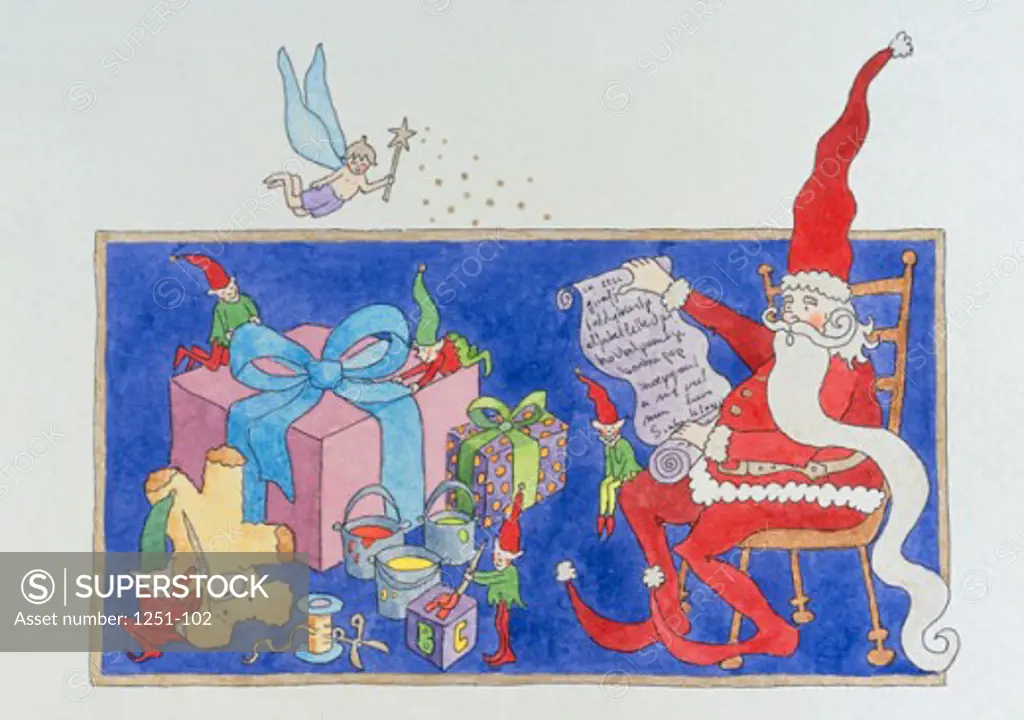 Santa Checking His ListInez Nickmans (b.1960/Belgian)Watercolor/Pen & Ink