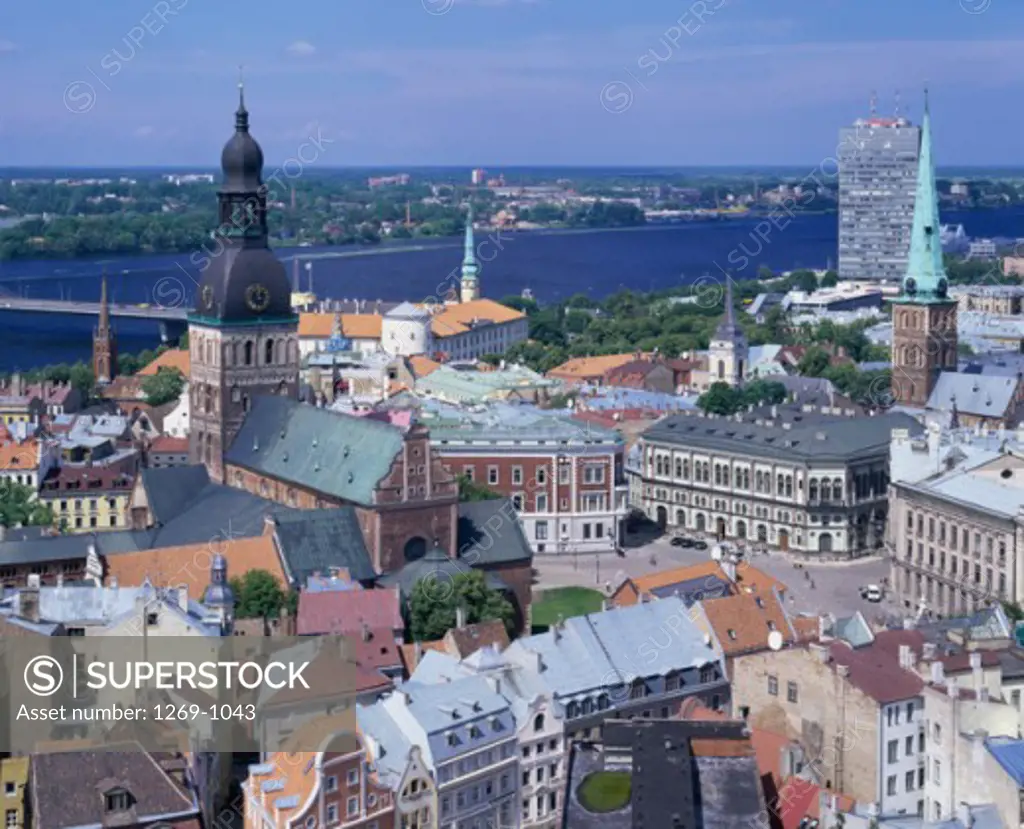 Aerial view of buildings in a city, Riga, Latvia