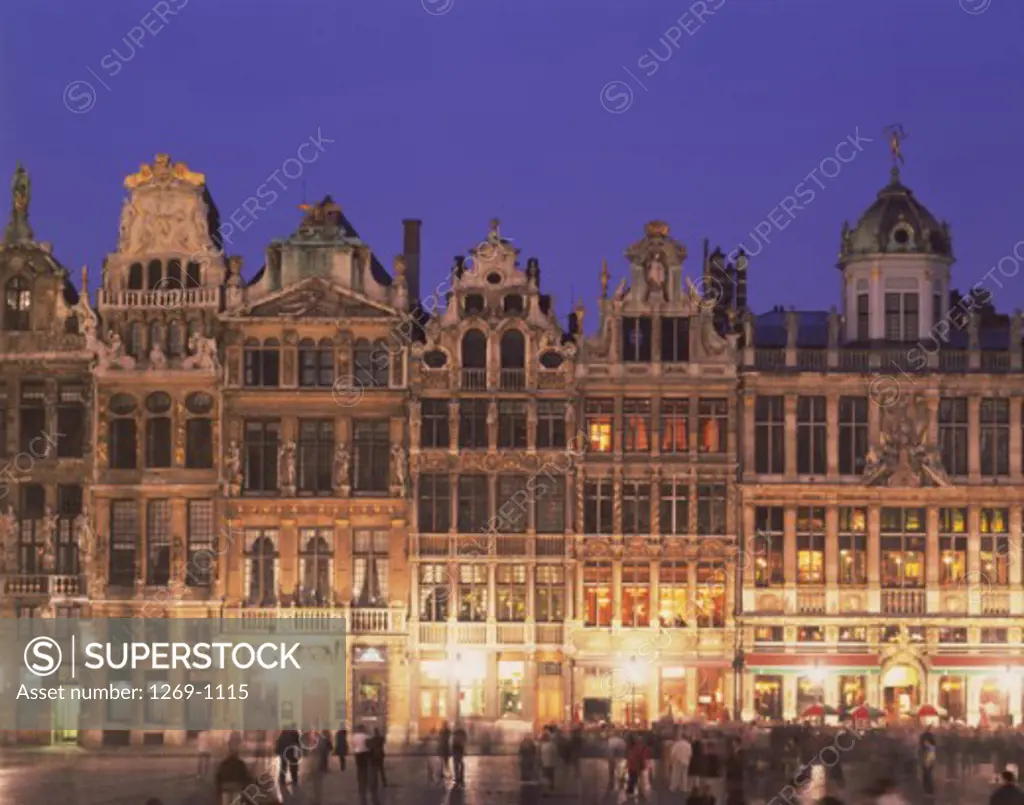 Facade of buildings lit up at night, Grand Place, Brussels, Belgium
