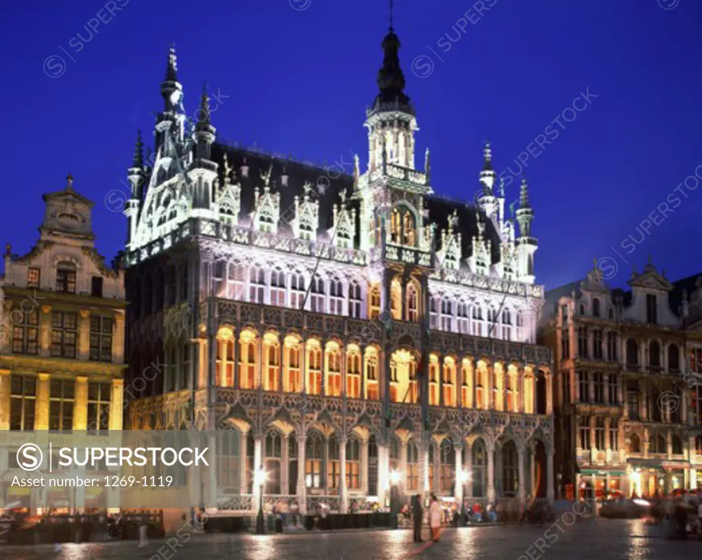 Facade of a building lit up at night, Maison du Roi, Grand Place, Brussels, Belgium