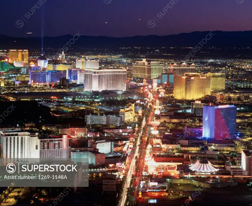 Aerial view of a city lit up at night, Las Vegas, Nevada, USA