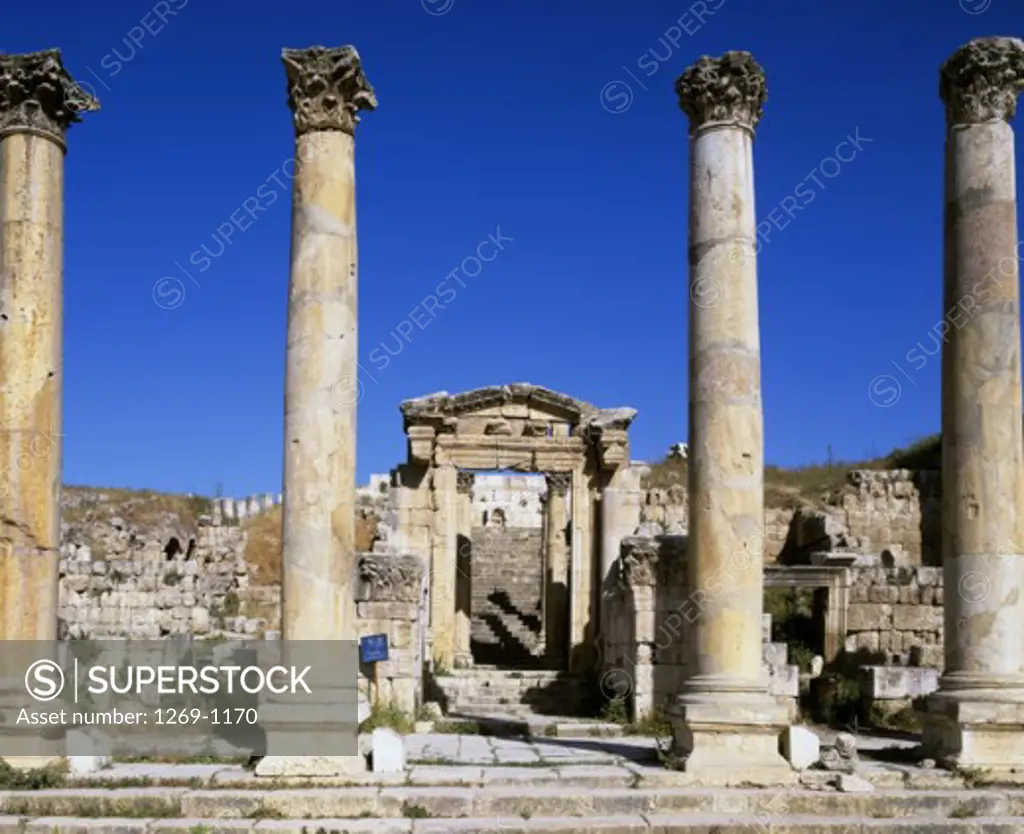 Low angle view of the old ruins of a cathedral, Byzantine Cathedral, Jerash, Jordan