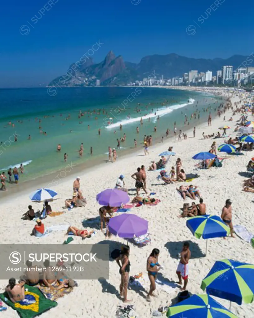 High angle view of a large group of people on the beach, Ipanema Beach, Rio de Janeiro, Brazil