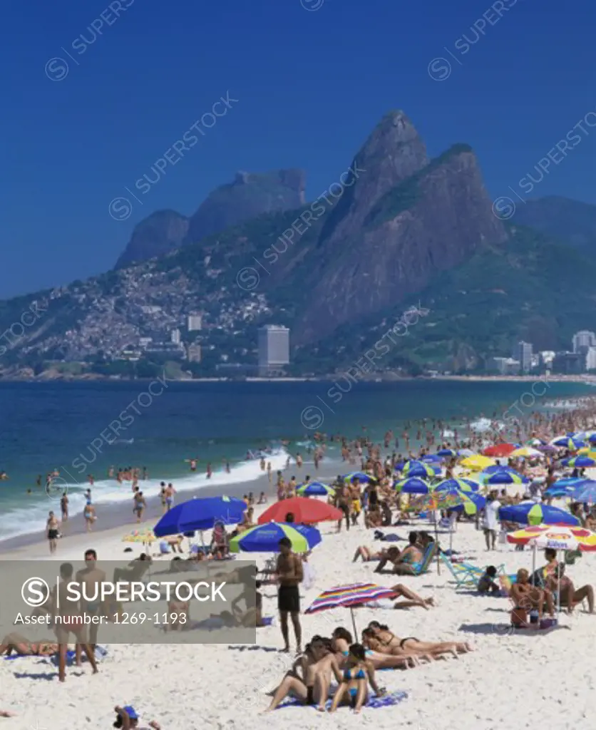 High angle view of a large group of people on the beach, Ipanema Beach, Rio de Janeiro, Brazil