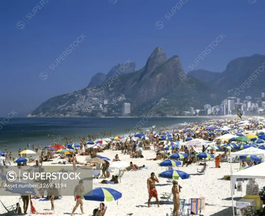 High angle view of a large group of people on the beach, Ipanema Beach, Rio de Janeiro, Brazil