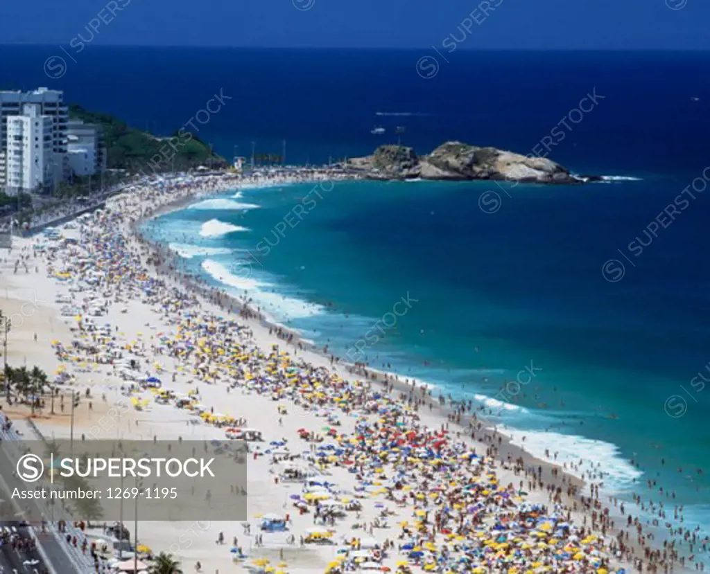 Aerial view of a large group of people on the beach, Ipanema Beach, Rio de Janeiro, Brazil