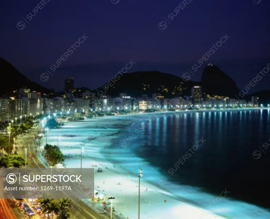 High angle view of a beach at night, Copacabana Beach, Sugarloaf Mountain, Rio de Janeiro, Brazil