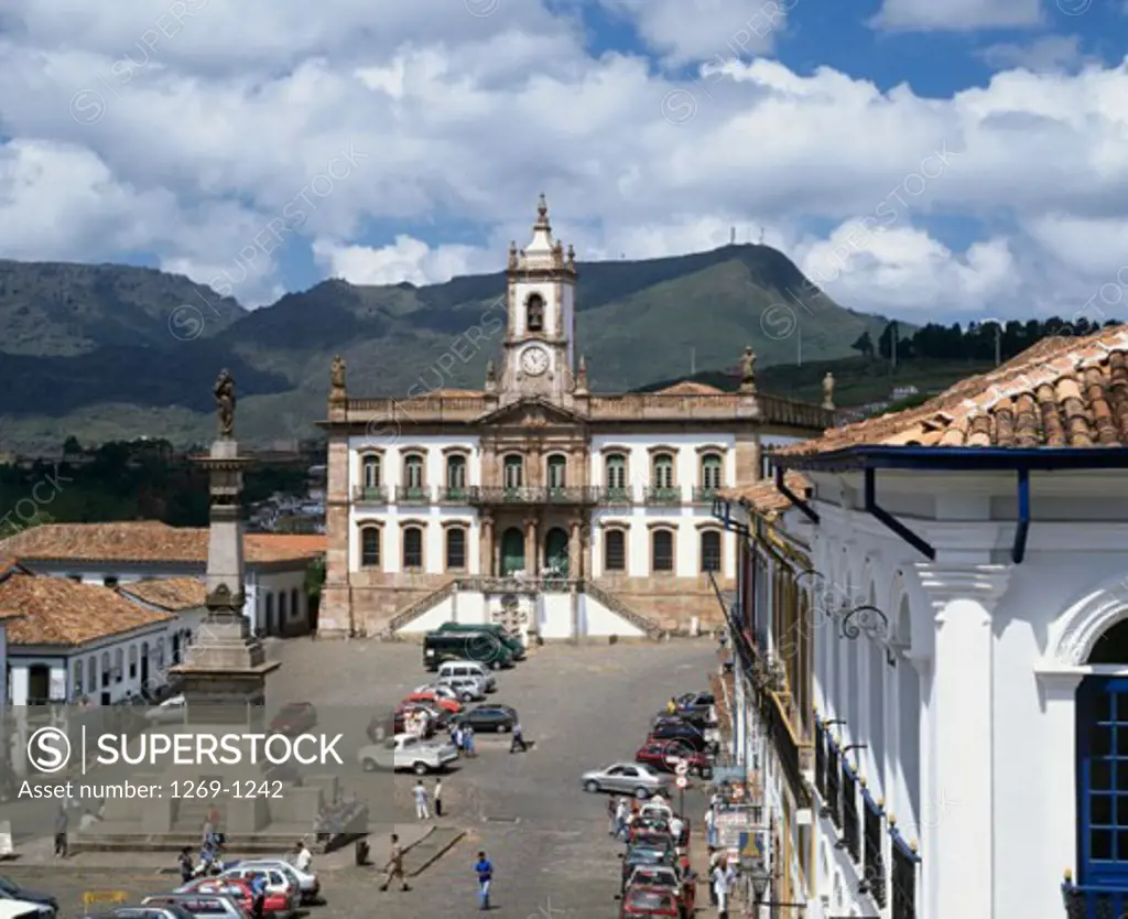 High angle view of cars parked in a plaza, Plaza Tiradentes, Ouro Preto, Brazil