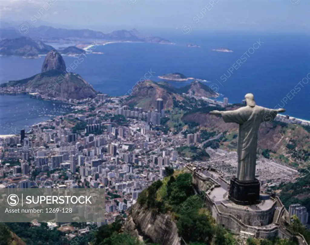 High angle view of a statue, Christ the Redeemer Statue, Mount Corcovado, Rio de Janeiro, Brazil