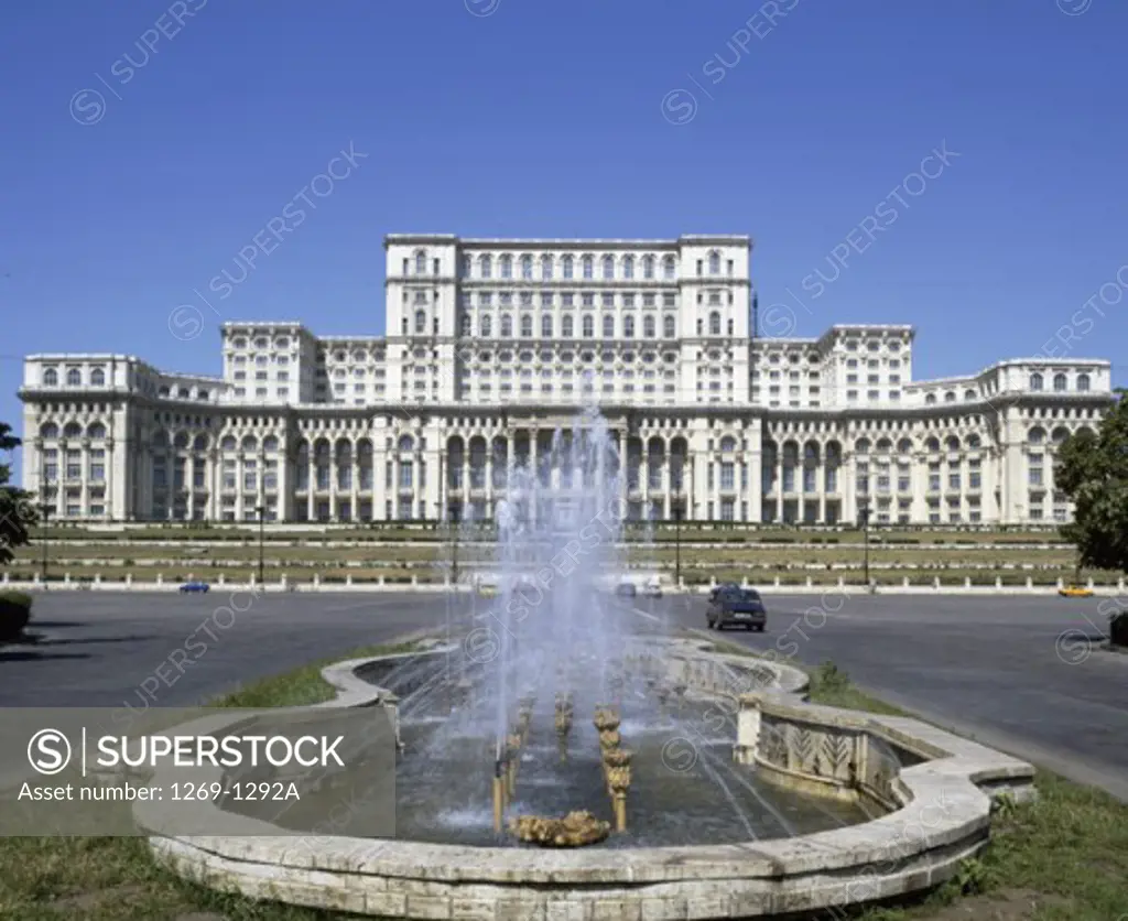 Fountain in front of a government building, Parliament Palace, Bucharest, Romania