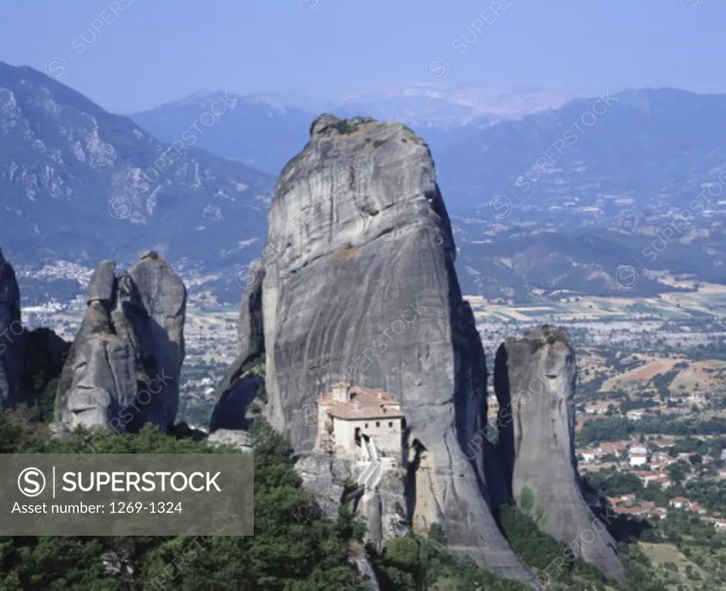 High angle view of a monastery on a cliff, Roussanou Monastery, Meteora, Greece