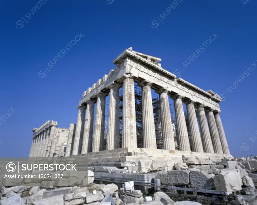 Low angle view of the old ruins of a temple, Parthenon, Athens, Greece