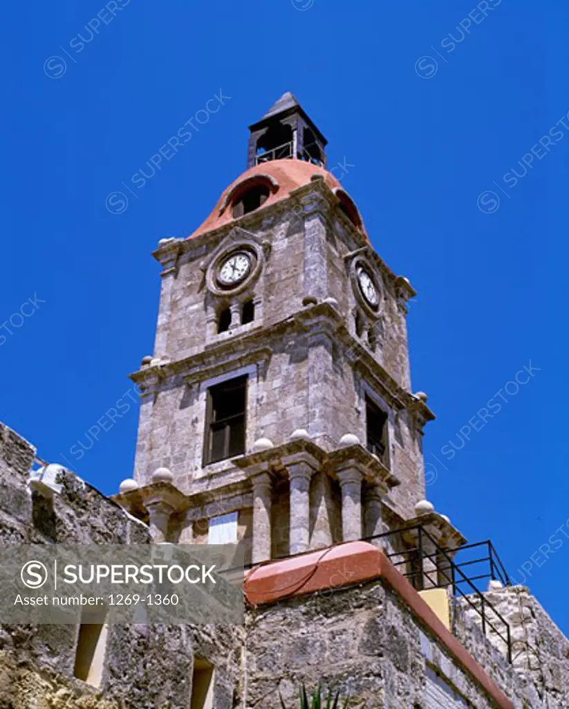 Low angle view of a clock tower, Clock Tower, Rhodes, Dodecanese Islands, Greece