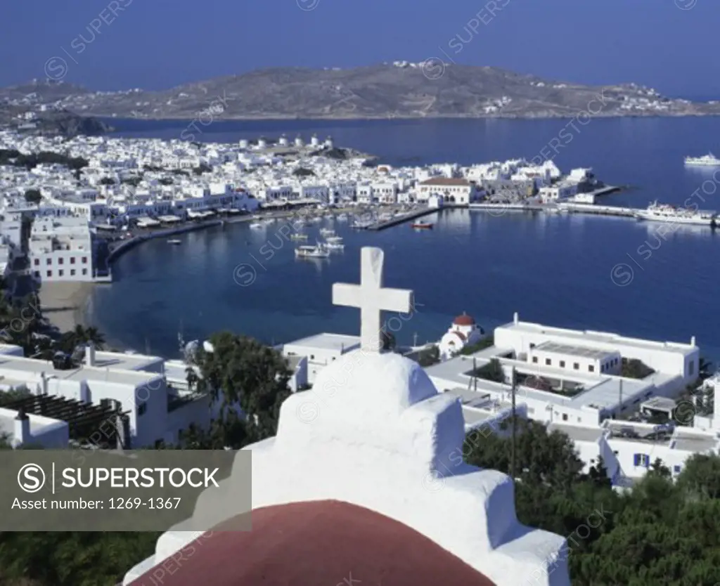 High angle view of buildings on the waterfront, Mykonos, Cyclades Islands, Greece