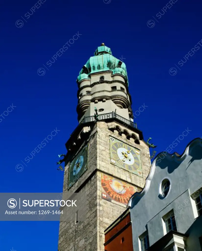 Low angle view of the Town Hall tower, Innsbruck, Austria