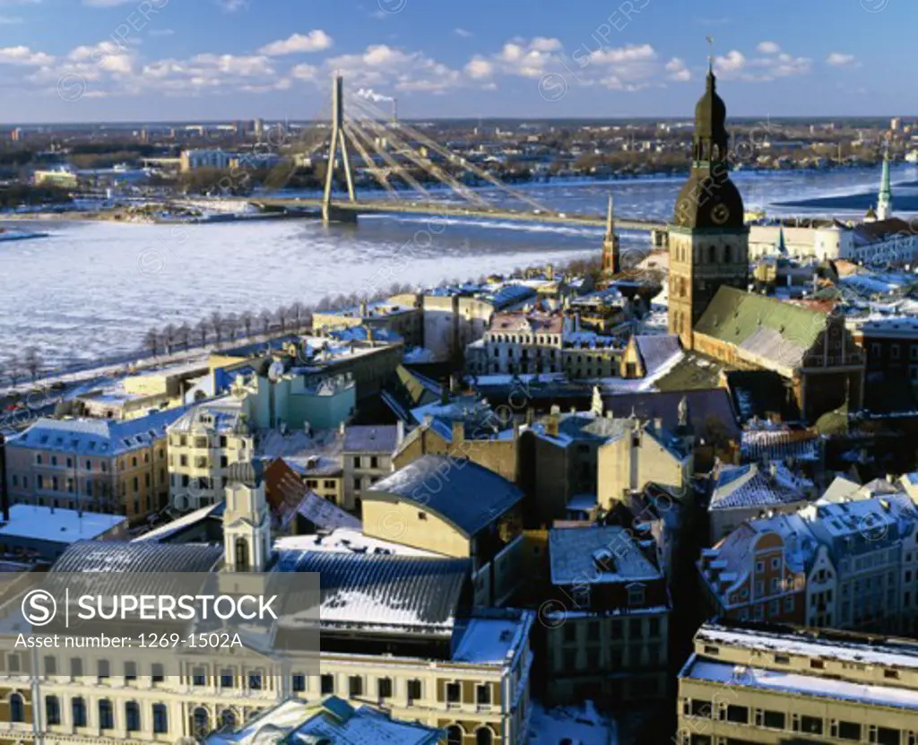 Aerial view of buildings in a snow covered landscape, Riga, Latvia