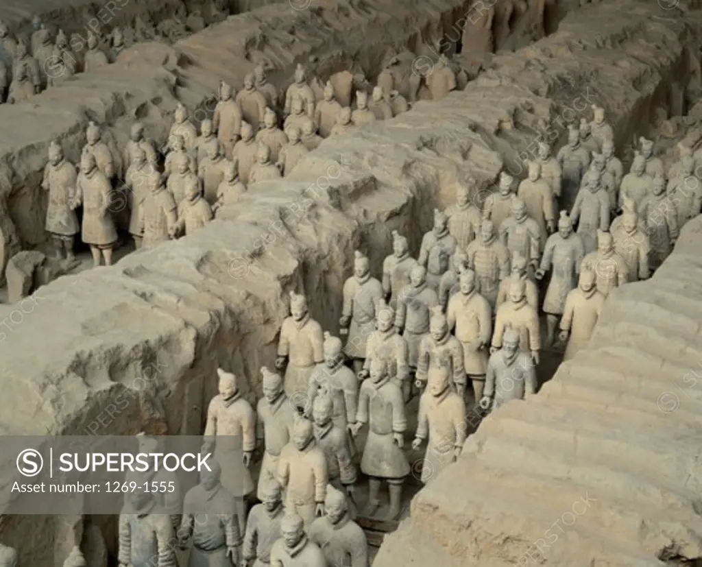 High angle view of statues of soldiers, Terracotta Soldiers, Museum of Qin Terra Cotta Warriors and Horses, Xi'an, China