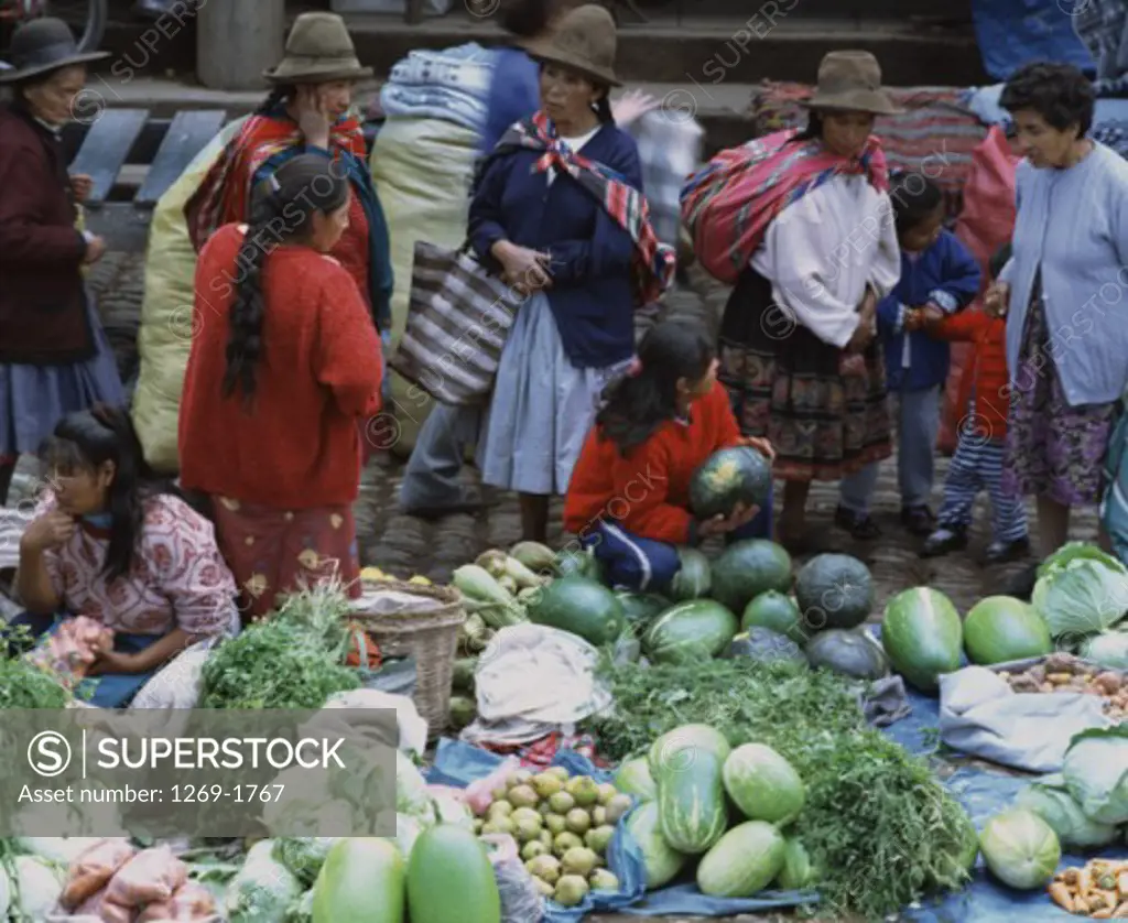 High angle view of a group of people at a vegetable market, Pisac, Cuzco, Peru
