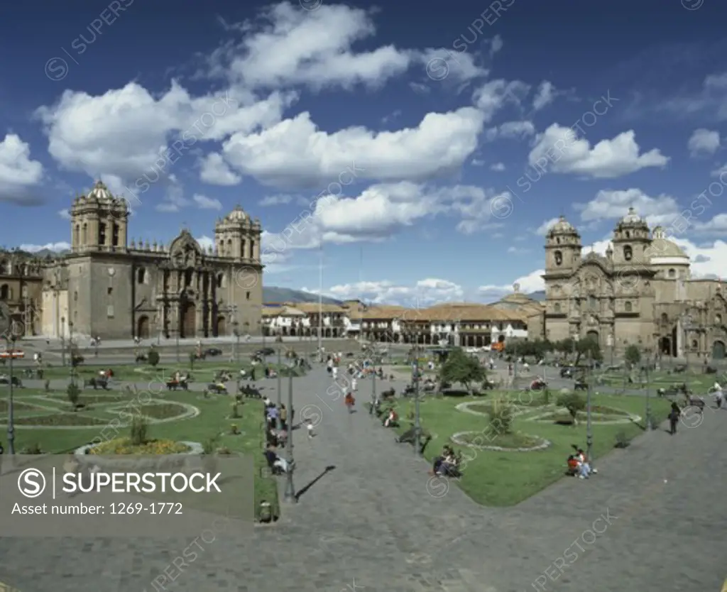 High angle view of tourists at a town square, Plaza de Armas, Cuzco, Peru