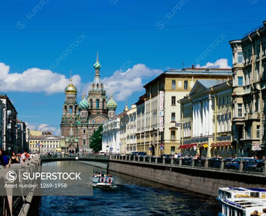 Buildings along a river, Church of the Resurrection of Christ, St. Petersburg, Russia