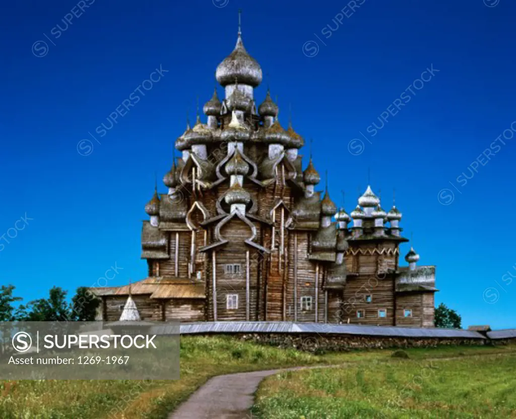 Facade of a cathedral, Transfiguration Cathedral, Church of the Intercession, Kizhi Island, Russia
