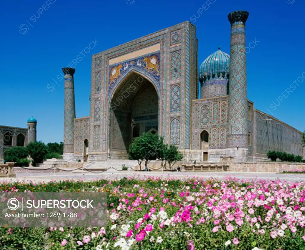Flower bed in front of a madressa, Shir Dar Madrasa, Samarkand, Uzbekistan