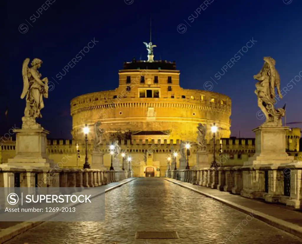 Castle lit up at night, Castel Sant'Angelo, Rome, Italy