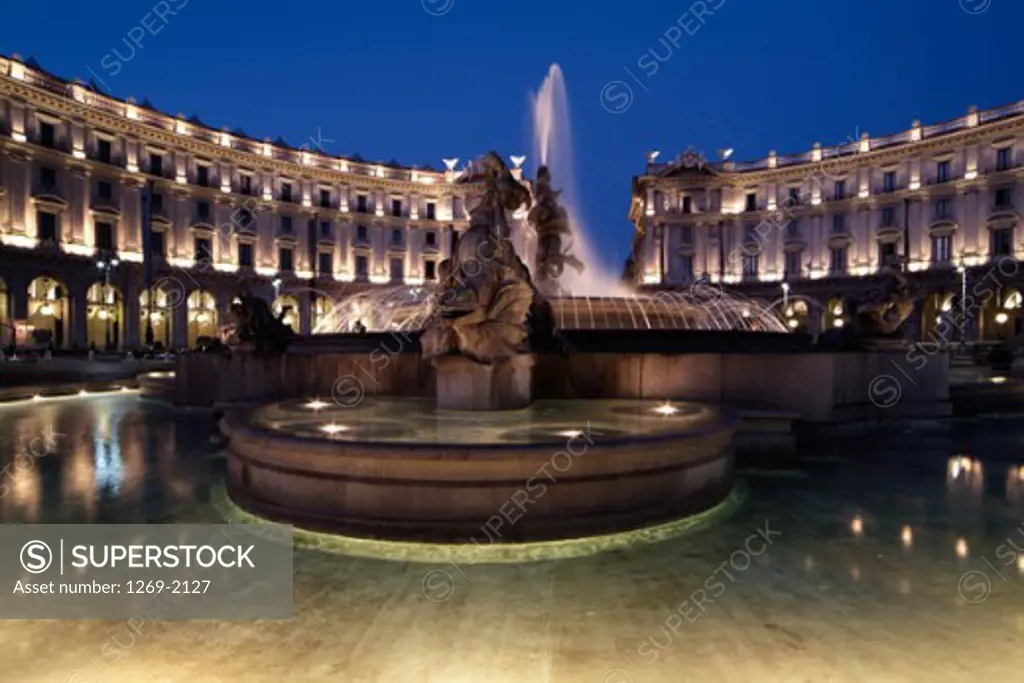 Fountain in front of a building, Fountain of the Naiads, Piazza Repubblica, Rome, Italy