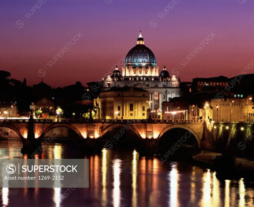 Basilica lit up at dusk, St. Peter's Basilica, Vatican City