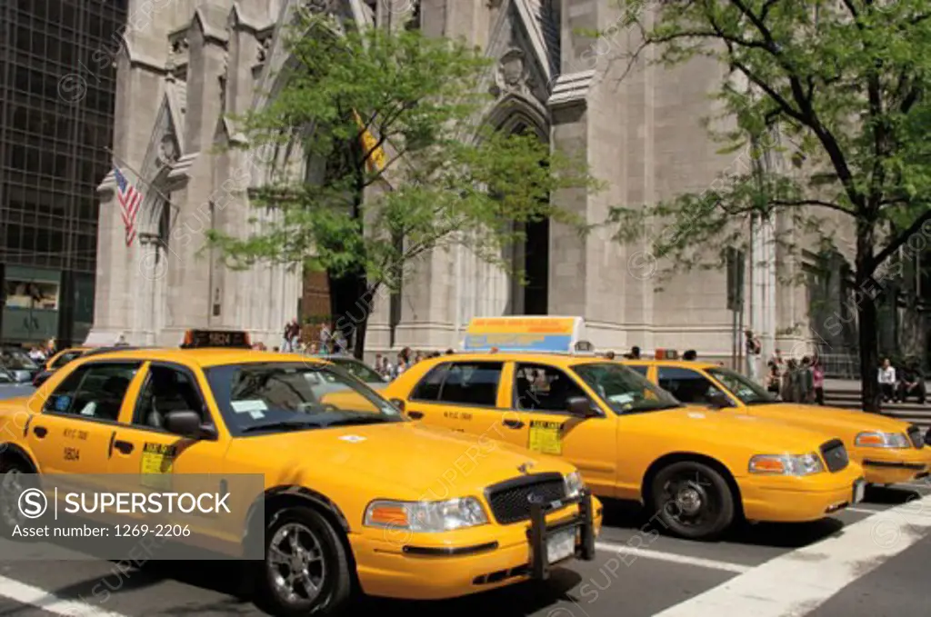 Three yellow taxies in front of a building on a street, Fifth Avenue, Manhattan, New York City, New York, USA