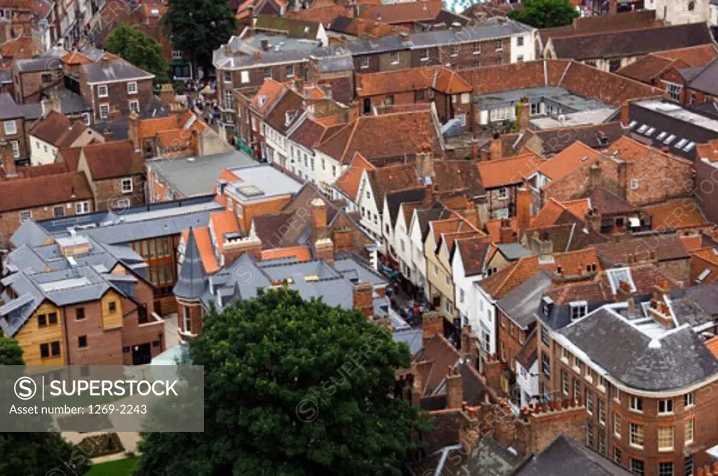High angle view of buildings in a city, York, England