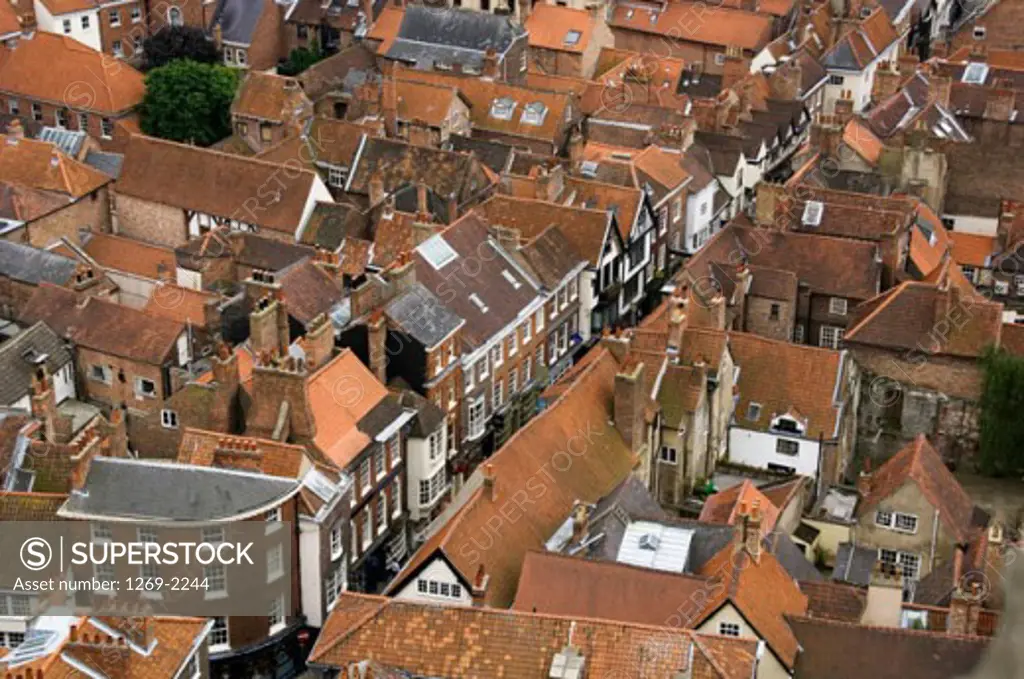 High angle view of buildings in a city, York, England