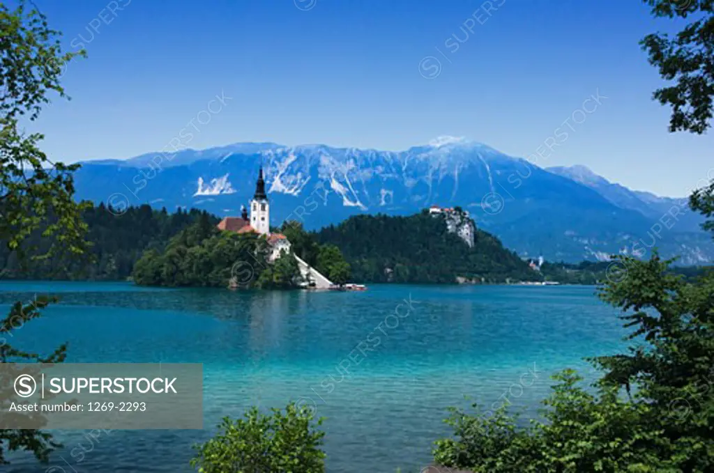 Lake in front of a church, Church of the Assumption, Lake Bled, Bled, Slovenia