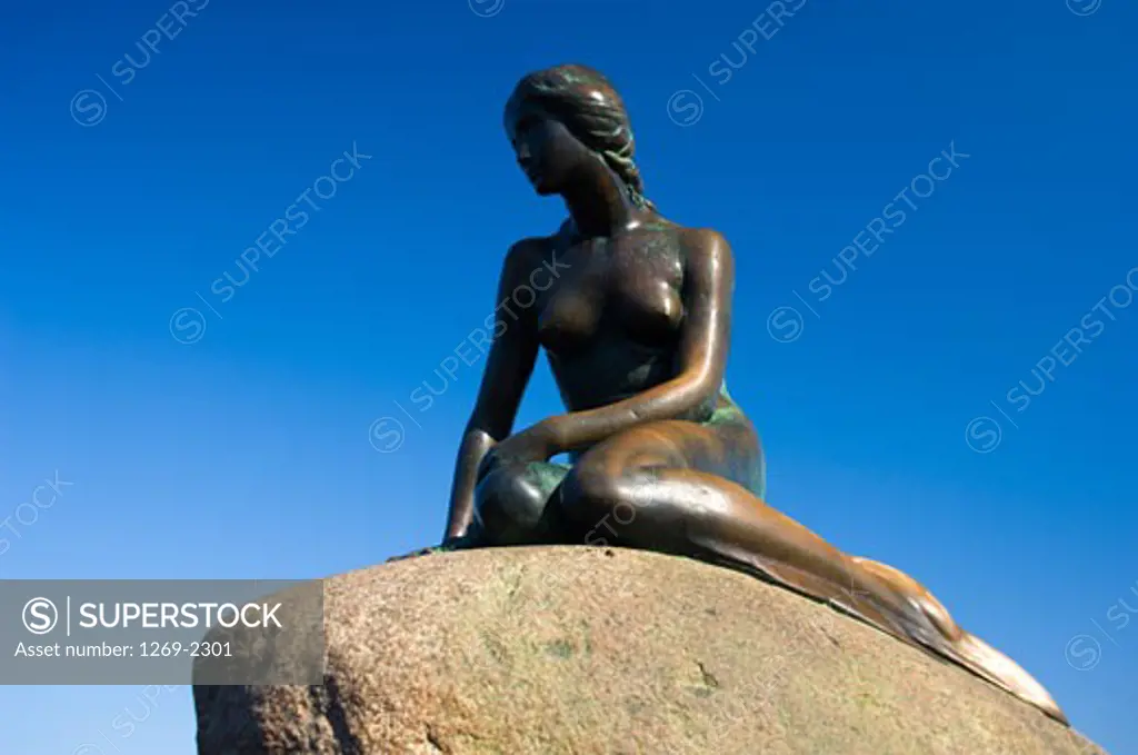 Low angle view of a statue on a rock, Little Mermaid, Copenhagen, Denmark