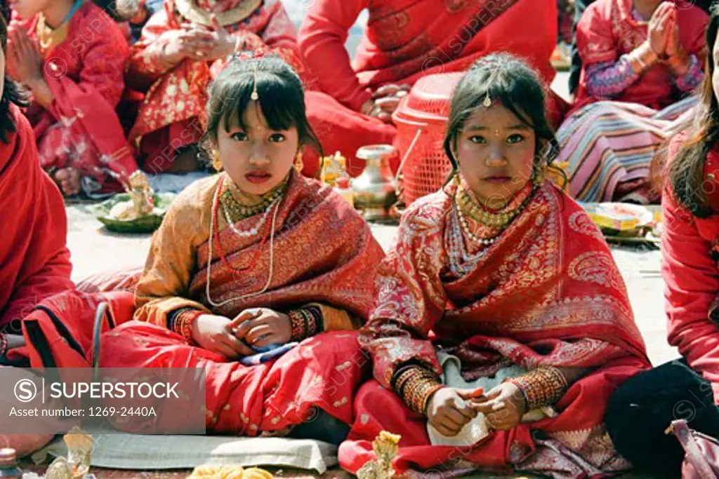 Group of girls in a religious ceremony, Kathmandu Durbar Square, Kathmandu, Nepal