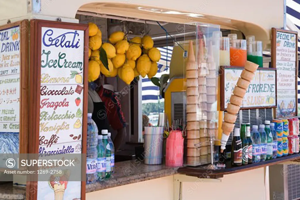 Food items at a stall, Capri, Bay of Naples, Naples Province, Campania, Italy