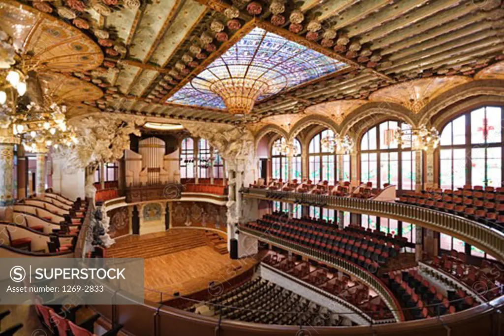 Interiors of an auditorium, Palau De La Musica Catalana, Barcelona, Catalonia, Spain