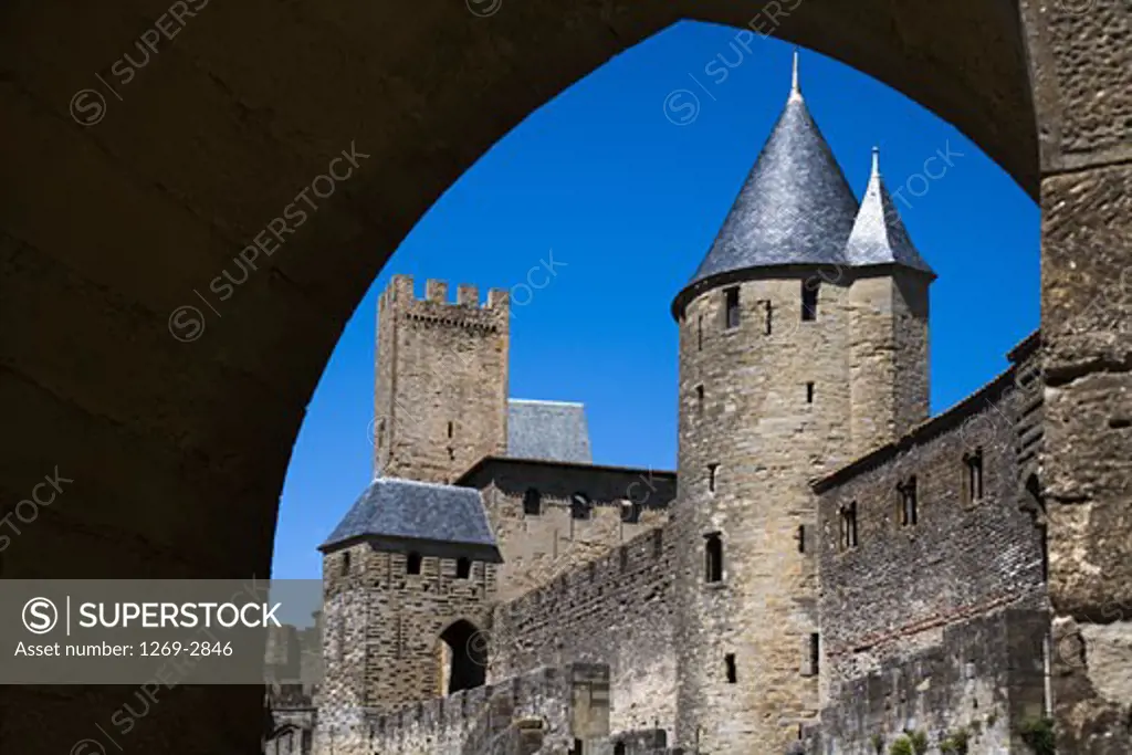 Low angle view of a castle, Chateau Comtal, Carcassonne, Languedoc-Rousillon, France