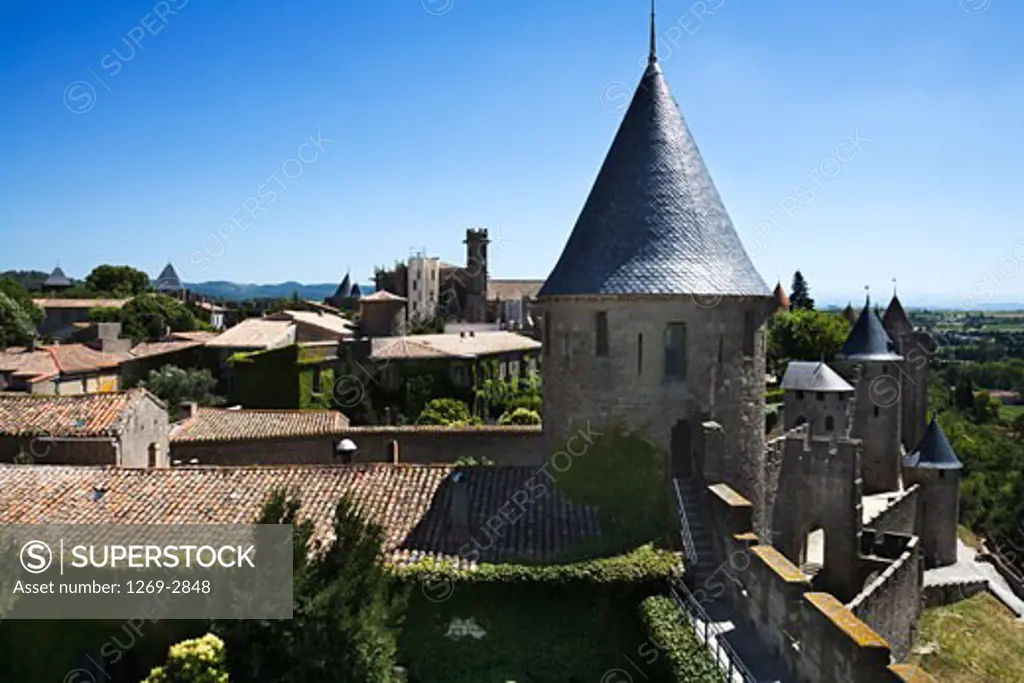 Castle on a hill, Chateau Comtal, Carcassonne, Languedoc-Rousillon, France