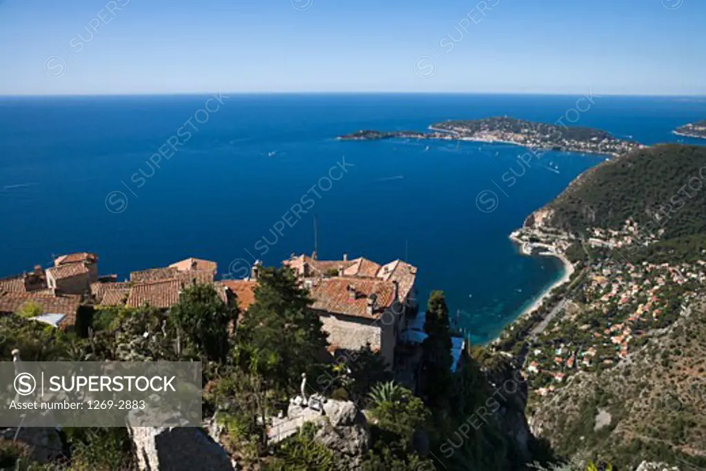 High angle view of a town at the coast, Cote d'Azur, Eze, Provence-Alpes-Cote d'Azur, France