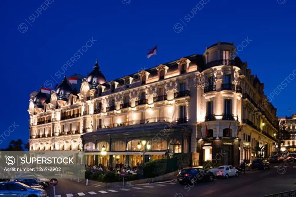 Hotel lit up at night, Hotel De Paris, Monte Carlo, Monaco