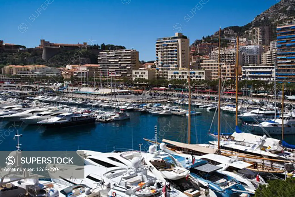 Boats moored at a harbor, Monaco Port, La Condamine, Monte Carlo, Monaco