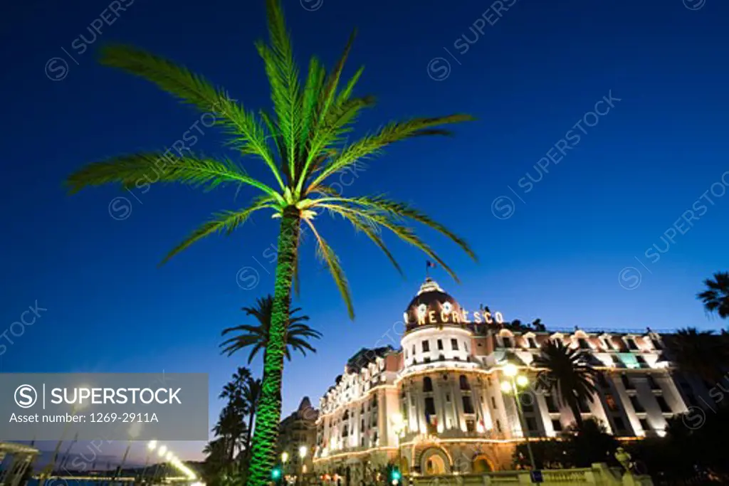 Hotel lit up at night, Hotel Negresco, Promenade Des Anglais, Nice, Provence-Alpes-Cote d'Azur, France
